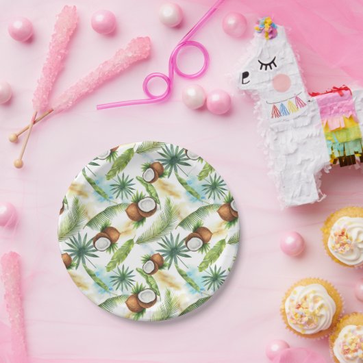 Assiettes En Carton Aquarelle Motif de noix de coco tropicale (Fête)