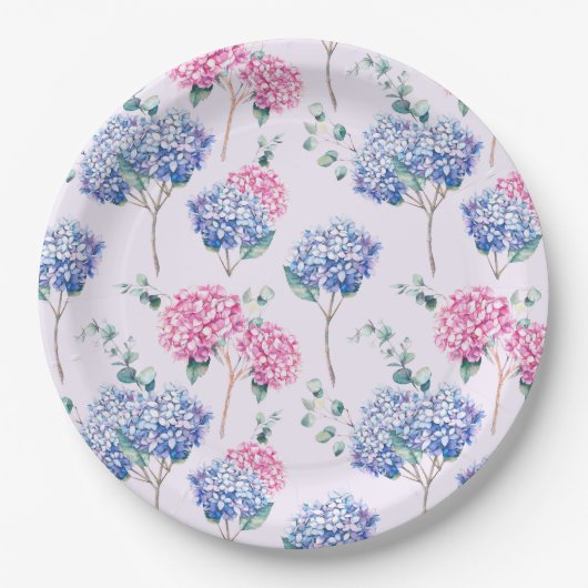 Assiettes En Carton Aquarelle motif floral aux hortensias bleus et ros (Devant)