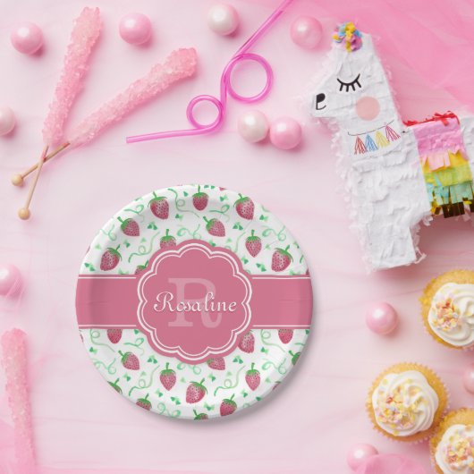 Assiettes En Carton Aquarelle Motif fraise avec Monogramme (Fête)