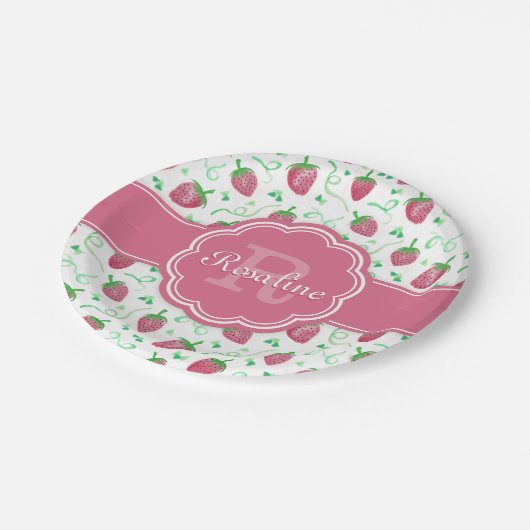 Assiettes En Carton Aquarelle Motif fraise avec Monogramme (Angle)