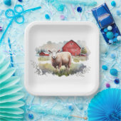 Assiettes En Carton Aquarelle Mouton Avec Grange Rouge (Fête)