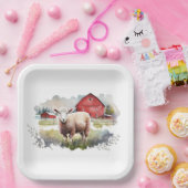 Assiettes En Carton Aquarelle Mouton Avec Grange Rouge (Fête)