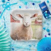 Assiettes En Carton Aquarelle Mouton Avec Grange Rouge (Fête)