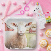 Assiettes En Carton Aquarelle Mouton Avec Grange Rouge (Fête)