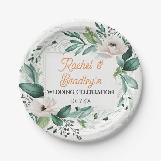 Assiettes En Carton Aquarelle neutre Mariage floral cadre de verdure (Devant)