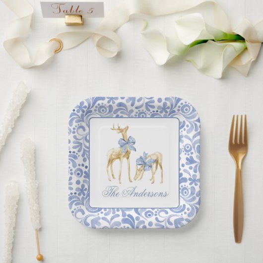 Assiettes En Carton Aquarelle Noël bleu Chinoiserie Bow Reindeer (Mariage)