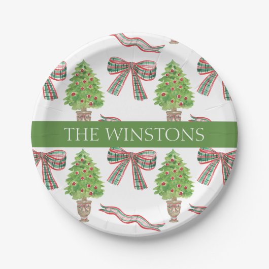 Assiettes En Carton Aquarelle Noël Plaid Bow & Topiary (Devant)