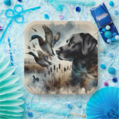 Assiettes En Carton Aquarelle Noir Labrador Et Canards (Fête)
