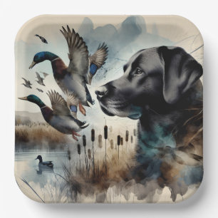 Assiettes En Carton Aquarelle Noir Labrador Et Canards