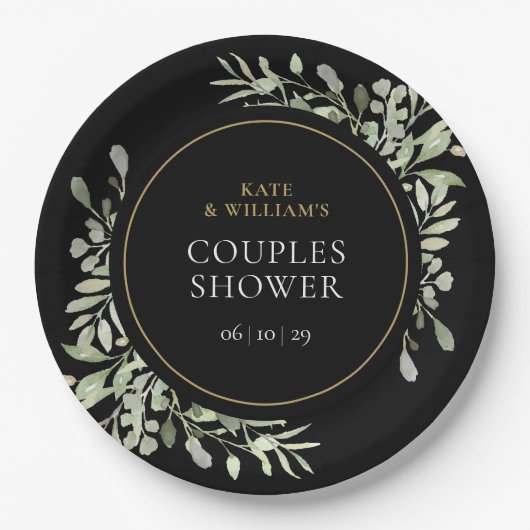 Assiettes En Carton Aquarelle Noire Or Vert Couples Douche (Devant)