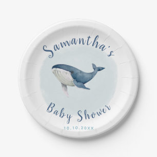 Assiettes En Carton Aquarelle Ocean Blue Whale Cute Boy's Baby shower