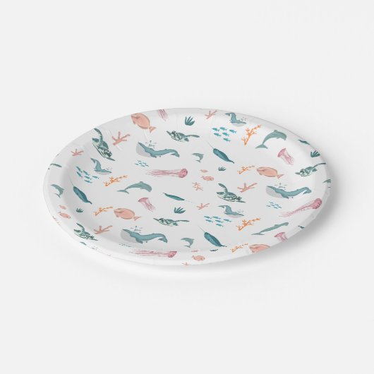 Assiettes En Carton Aquarelle Océan Motif d'animaux marins (Angle)