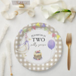 Assiettes En Carton Aquarelle Oie 2e anniversaire<br><div class="desc">BONJOUR. Fête anniversaire de enfant de l'aquarelle. Aquarelle mignonne oie dans le casquette d'anniversaire,  gâteau aux baies,  ballon violet,  guirlande festive de drapeaux. Arrière - plan en cage beige-marron.</div>