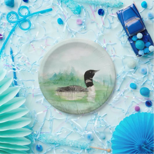 Assiettes En Carton Aquarelle Oiseau commun Loon Nature Art (Fête)