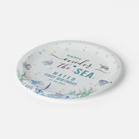 Assiettes En Carton Aquarelle One der La mer 1er anniversaire (Angle)