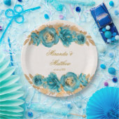 Assiettes En Carton Aquarelle or turquoise et crémeuse Florales Mariag (Fête)