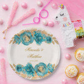Assiettes En Carton Aquarelle or turquoise et crémeuse Florales Mariag (Fête)