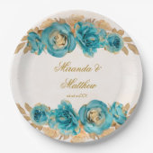 Assiettes En Carton Aquarelle or turquoise et crémeuse Florales Mariag (Devant)