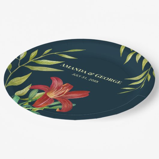 Assiettes En Carton Aquarelle Orange Lily Illustration Turquoise foncé (Angle)