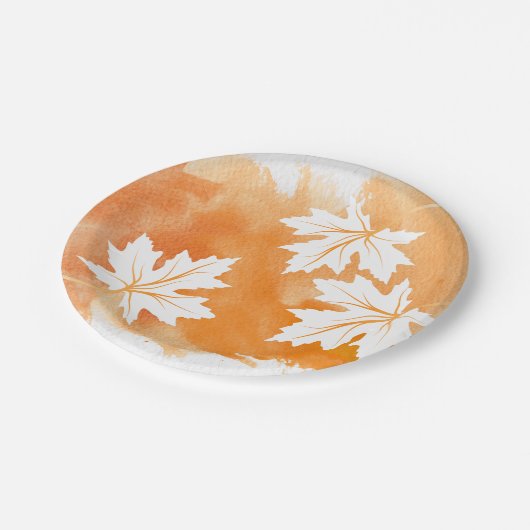 Assiettes En Carton Aquarelle orange moderne et feuilles d'érable (Angle)