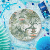 Assiettes En Carton Aquarelle Pagode asiatique dans paysage verdoyant (Fête)
