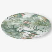 Assiettes En Carton Aquarelle Pagode asiatique dans paysage verdoyant (Angle)