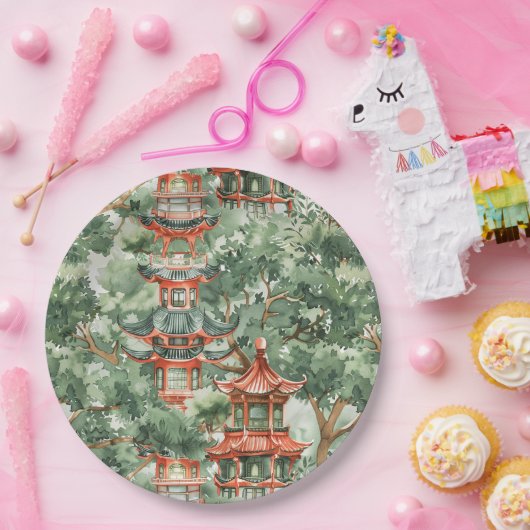 Assiettes En Carton Aquarelle Pagode asiatique dans paysage verdoyant (Fête)