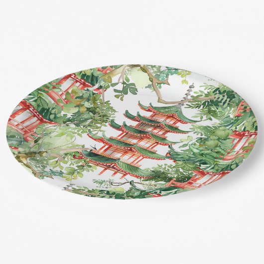 Assiettes En Carton Aquarelle Pagode asiatique dans paysage verdoyant (Angle)