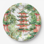 Assiettes En Carton Aquarelle Pagode asiatique dans paysage verdoyant (Devant)