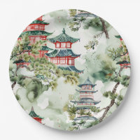 Aquarelle Pagode asiatique dans paysage verdoyant