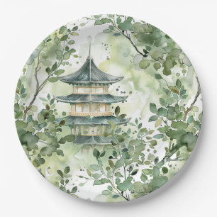 Assiettes En Carton Aquarelle Pagode asiatique dans paysage verdoyant