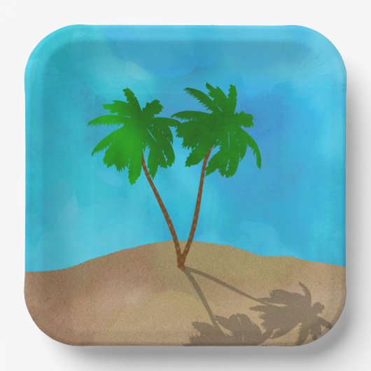Assiettes En Carton Aquarelle Palm Tree Beach Scene Collage (Recto)
