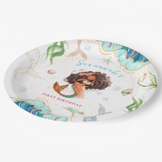 Assiettes En Carton Aquarelle Parties scintillant Sirène Anniversaire (Angle)