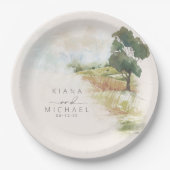 Assiettes En Carton Aquarelle Paysage Mariage Sage Green ID786 (Devant)