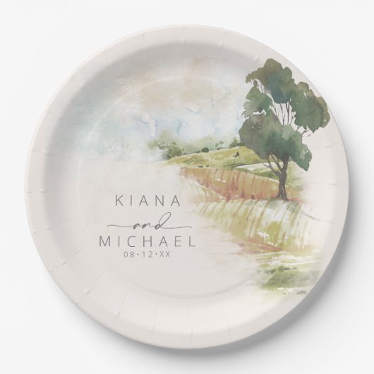 Assiettes En Carton Aquarelle Paysage Mariage Sage Green ID786 (Devant)