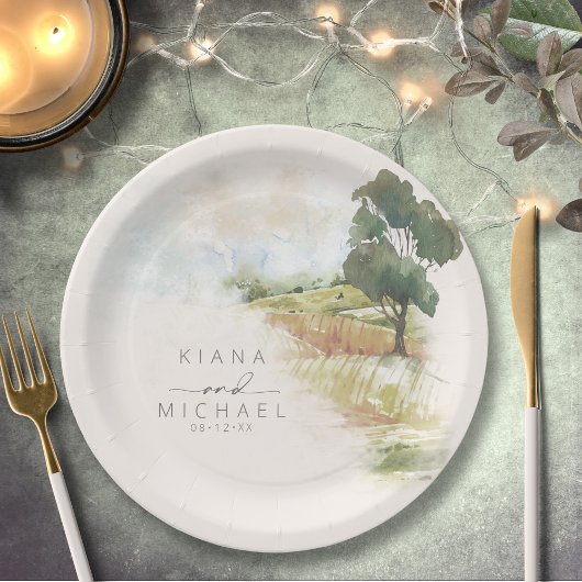 Assiettes En Carton Aquarelle Paysage Mariage Sage Green ID786