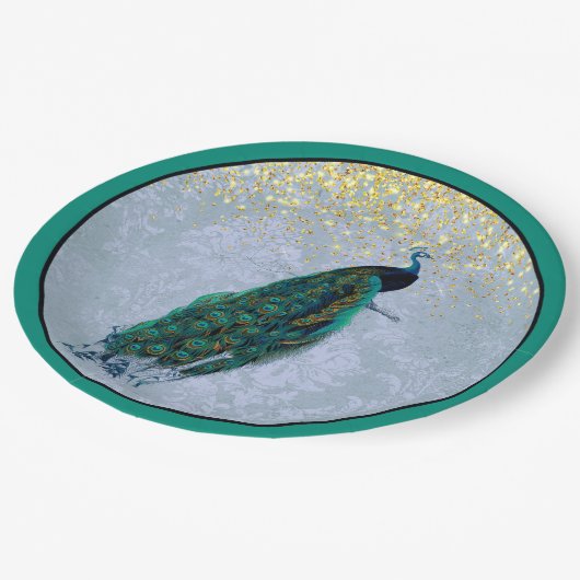 Assiettes En Carton Aquarelle Peacock Gold Sparkles (Angle)