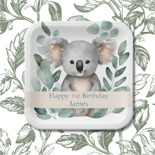 Assiettes En Carton Aquarelle personnalisée Koala Bear Anniversaire