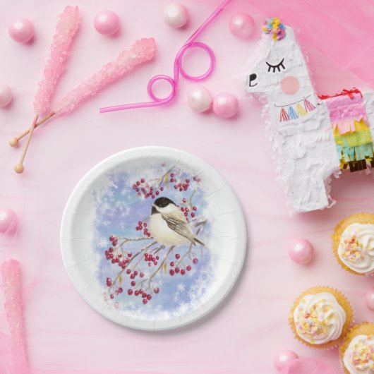 Assiettes En Carton Aquarelle Pickadee Oiseau Frosté Pneus d'hiver (Fête)