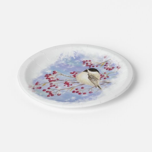 Assiettes En Carton Aquarelle Pickadee Oiseau Frosté Pneus d'hiver (Angle)