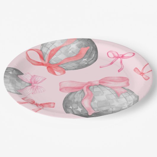 Assiettes En Carton Aquarelle Pink Bow Ruban Silver Disco Ball Papier (Angle)