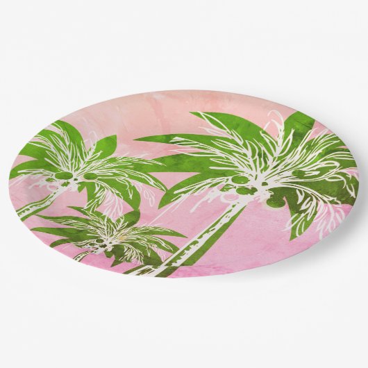 Assiettes En Carton Aquarelle Pink Green Palm Tree Preppy Ombre (Angle)