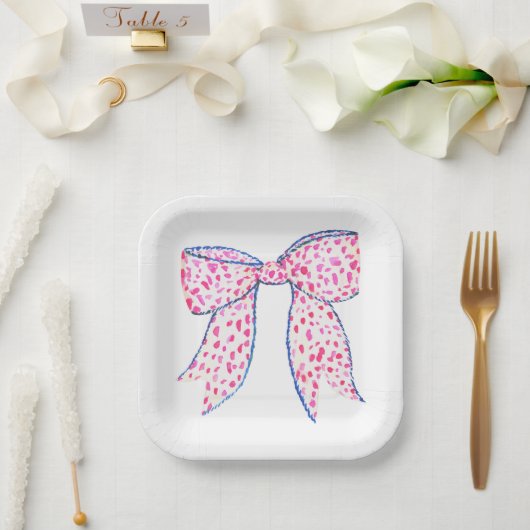 Assiettes En Carton Aquarelle Pink Poka Dot Bow (Mariage)