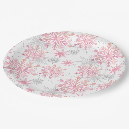 Assiettes En Carton Aquarelle Pink & Silver Parties scintillant Winter (Angle)
