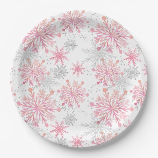 Assiettes En Carton Aquarelle Pink & Silver Parties scintillant Winter (Devant)