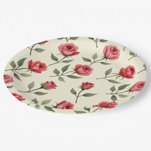 Assiettes En Carton Aquarelle Plaques en papier Roses rouges (Angle)