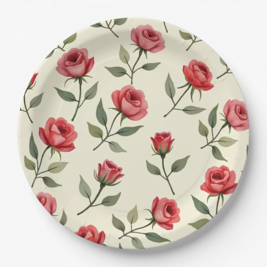 Assiettes En Carton Aquarelle Plaques en papier Roses rouges (Devant)