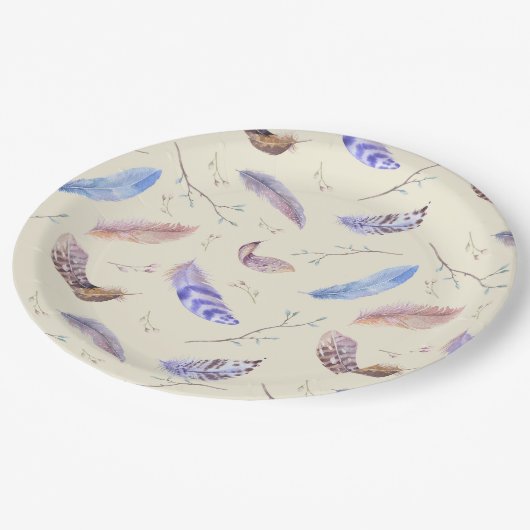 Assiettes En Carton Aquarelle Plumes Feuilles et Branches Motif (Angle)