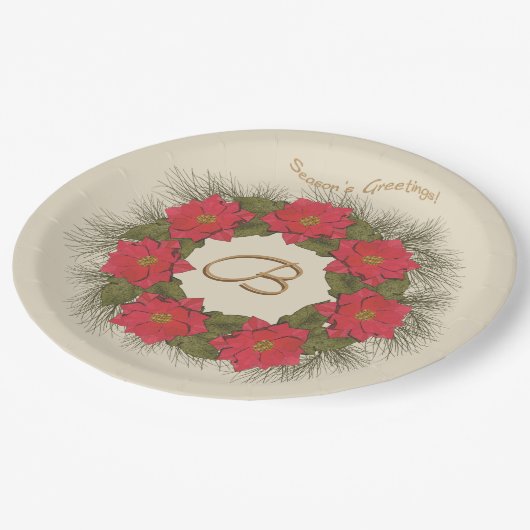Assiettes En Carton Aquarelle Poinsettia Wreath - Monogramme (Angle)