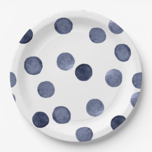 Assiettes En Carton Aquarelle. Point de polka bleu.